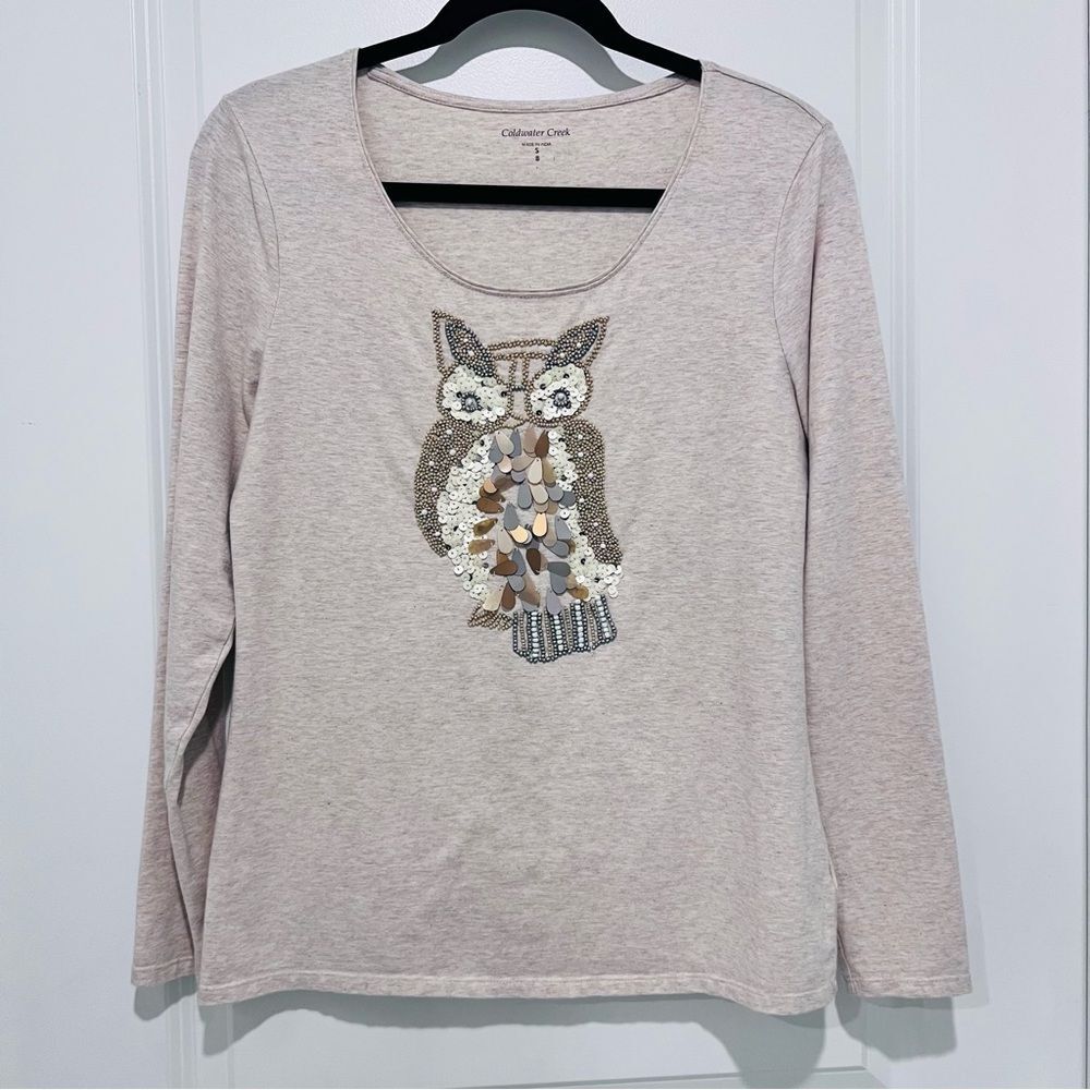 Coldwater Creek Women’s Beaded Owl Long Sleeve T-Shirt. Sz. Small (8)